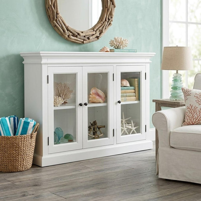 64" White Distressed Solid Wood Sideboard with Four Glass Doors HomeRoots