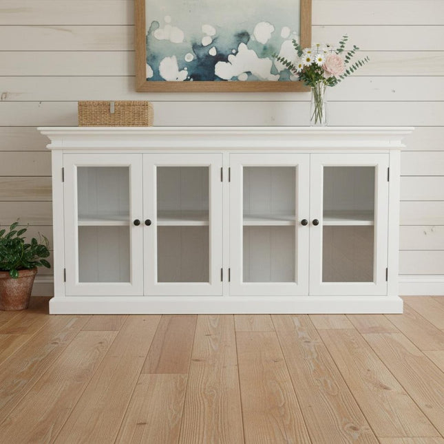 64" White Distressed Solid Wood Sideboard with Four Glass Doors HomeRoots