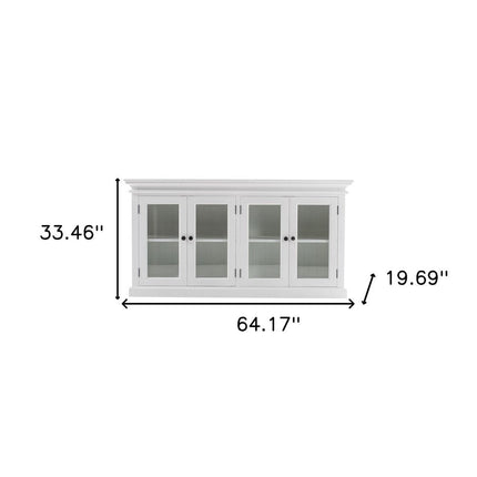 64" White Distressed Solid Wood Sideboard with Four Glass Doors HomeRoots