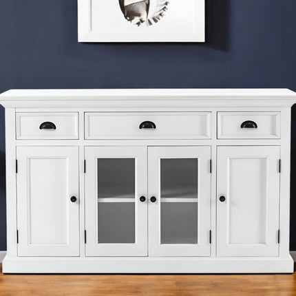 57" White Solid Wood Three Drawer Sideboard with Four Glass Doors HomeRoots