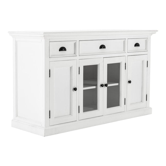 57" White Solid Wood Three Drawer Sideboard with Four Glass Doors HomeRoots