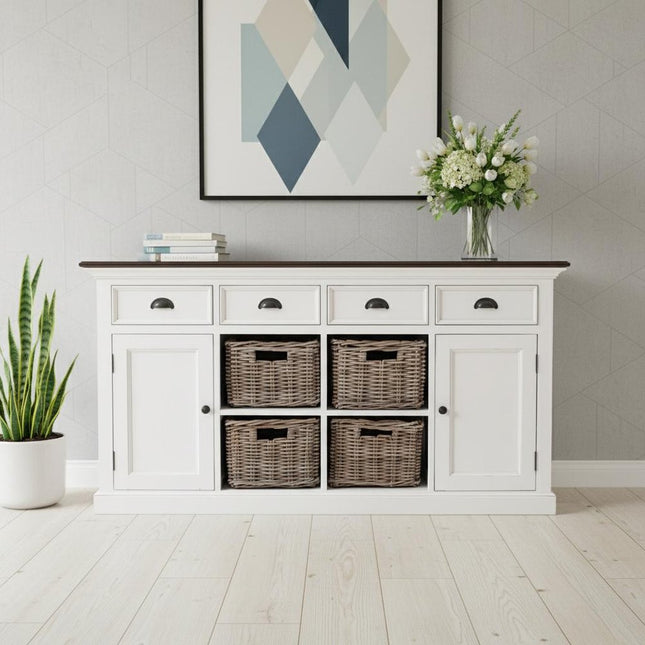 63" Brown And White Distressed Solid Wood Sideboard With Baskets HomeRoots