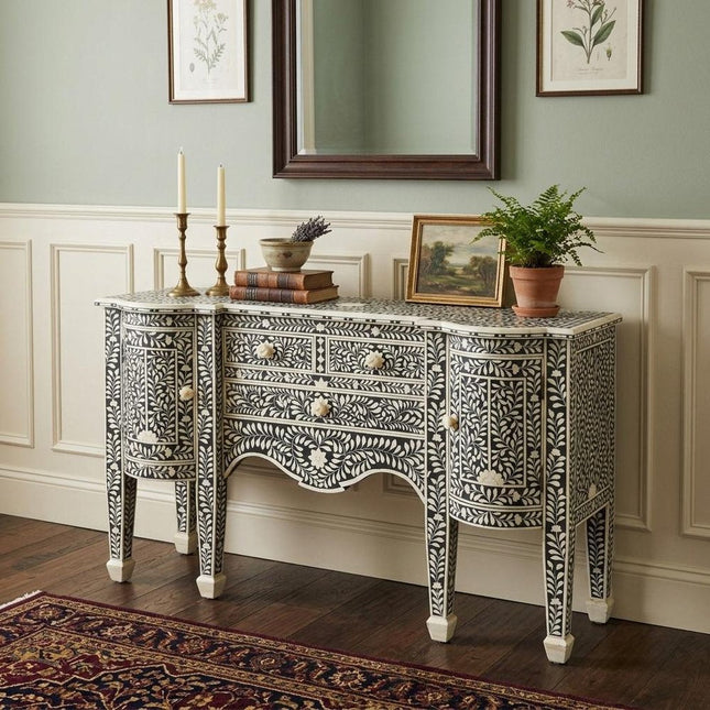 57" Black Wood Three Drawer Sideboard with Two Doors HomeRoots