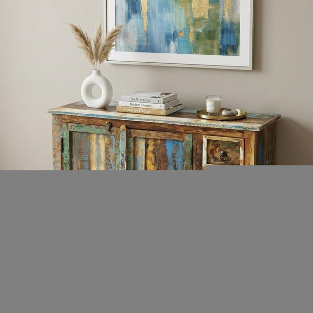 44" Brown Green and Gray Solid Wood Three Drawer Sideboard with Two Doors HomeRoots
