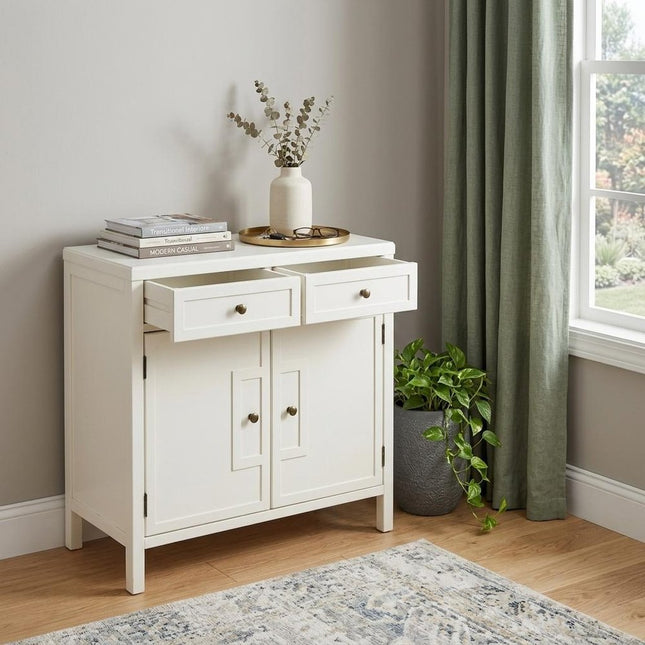 31" White Solid Wood Two Drawer Sideboard with Two Doors HomeRoots