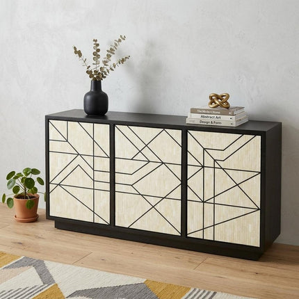 59" Natural and Black Sideboard with Three Doors HomeRoots