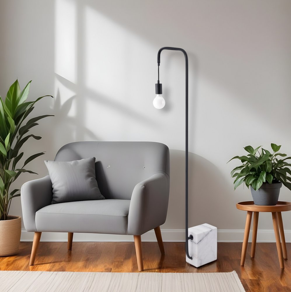 59" Black And White Marble And Steel LED Floor Lamp