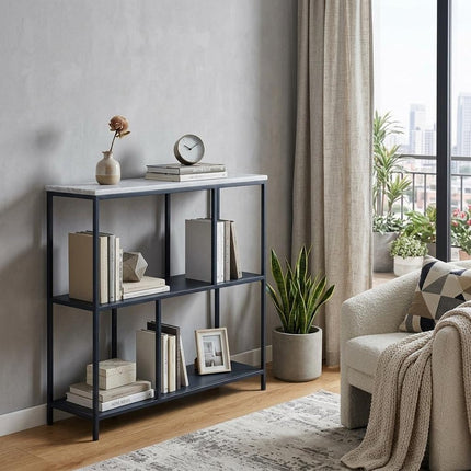 30" Black and White Iron Three Tier Geometric Bookcase HomeRoots