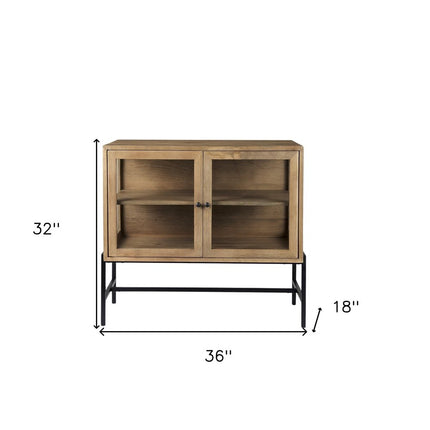 36" Natural Solid Wood Sideboard with Two Glass Doors HomeRoots