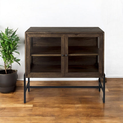 38" Gray Solid Wood Sideboard with Two Glass Doors HomeRoots