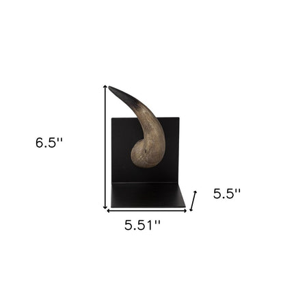 Set of Two Brown And Black Resin And Metal Horn Decorative Bookends HomeRoots