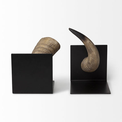 Set of Two Brown And Black Resin And Metal Horn Decorative Bookends HomeRoots