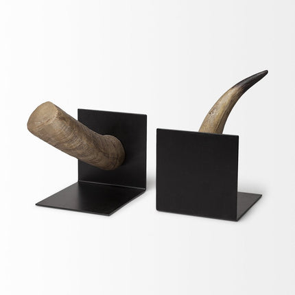 Set of Two Brown And Black Resin And Metal Horn Decorative Bookends HomeRoots