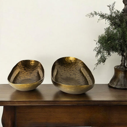 Set of Two Gold Hammered Metal Boat Shaped Decorative Bowls HomeRoots