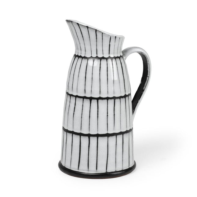 13" Black And White Ceramic Cylinder Jug Vase With Sculptural Details HomeRoots