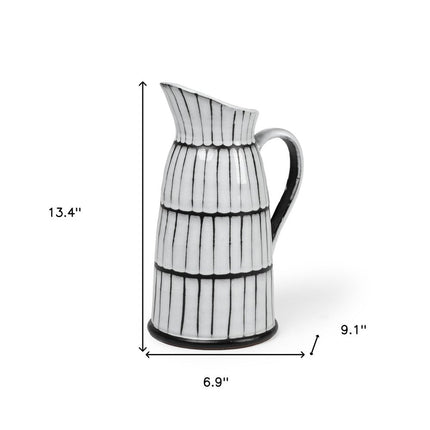 13" Black And White Ceramic Cylinder Jug Vase With Sculptural Details HomeRoots