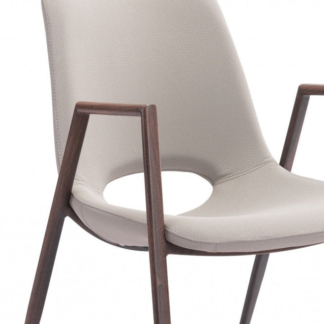 Set of Two Beige and Brown Upholstered Faux Leather Dining Arm Chairs HomeRoots