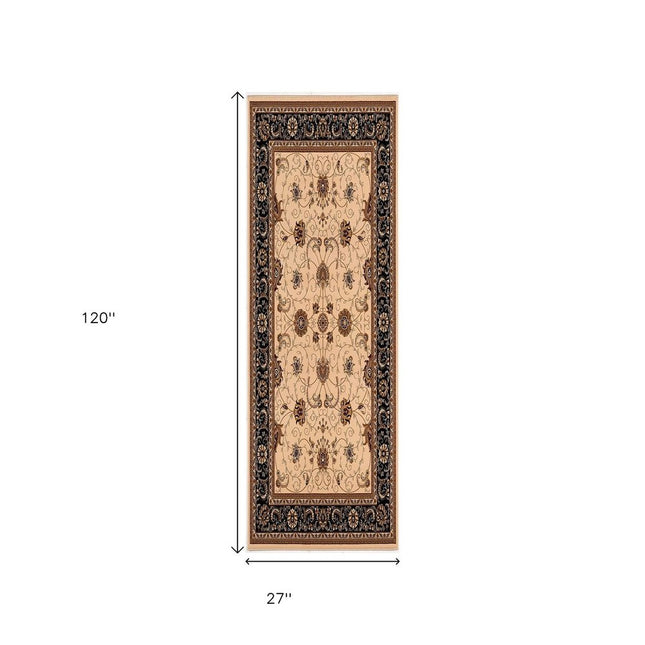 10' Black And Ivory Oriental Runner Rug