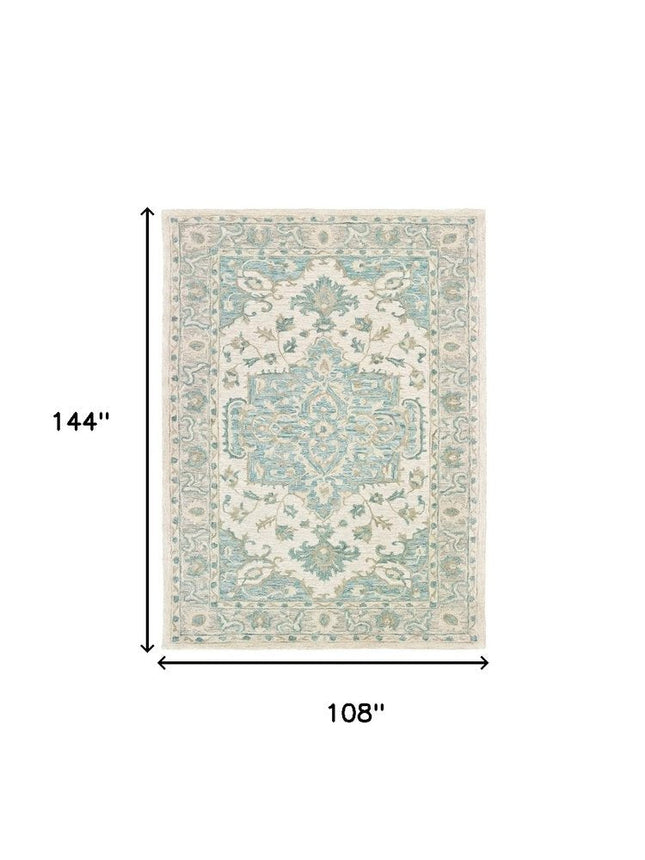 9' X 12' Turquoise and Cream Medallion Area Rug HomeRoots