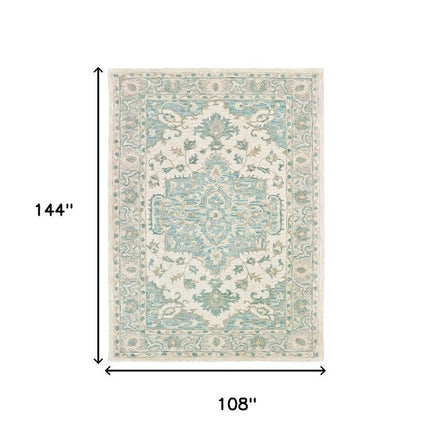 9' X 12' Turquoise and Cream Medallion Area Rug HomeRoots