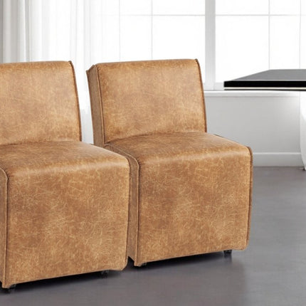 Set of Two Brown Upholstered Faux Leather Dining Side Chairs With Wheels HomeRoots