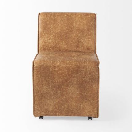 Set of Two Brown Upholstered Faux Leather Dining Side Chairs With Wheels