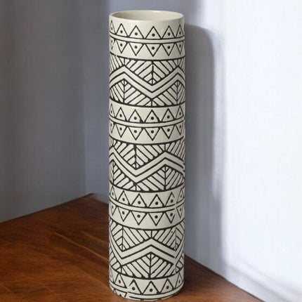 14" Cream Geometric Cylinder Ceramic Table Vase HomeRoots