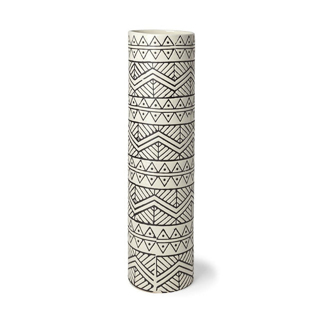 17" Cream and Charcoal Geometric Cylinder Ceramic Vase HomeRoots