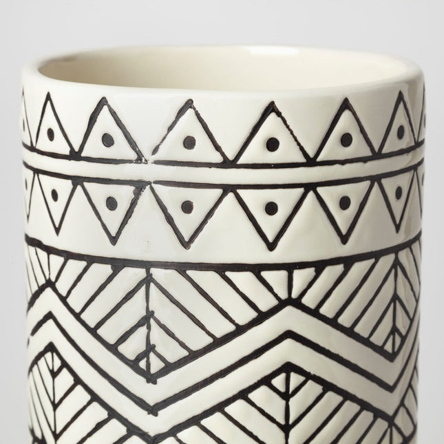 17" Cream and Charcoal Geometric Cylinder Ceramic Vase HomeRoots