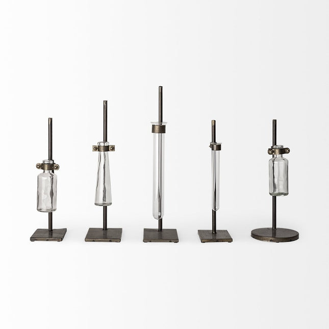 Set of Two Dark Brown Abstract Metal Cylinder Table Vases