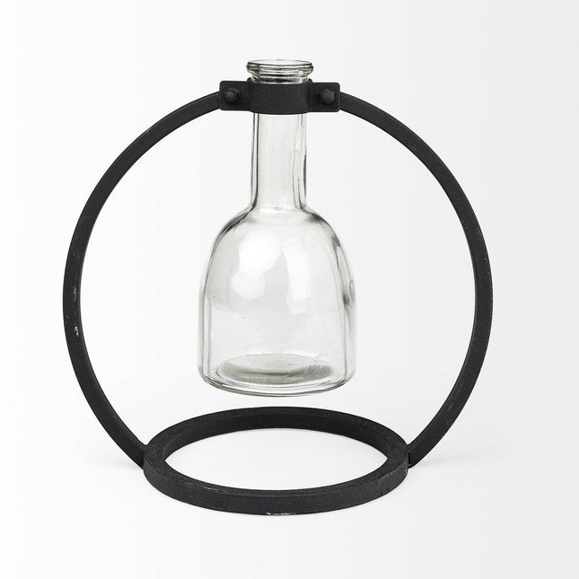 8" Clear and Black Glass and Metal Abstract Cylinder Table Vase HomeRoots
