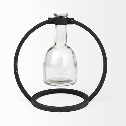 8" Clear and Black Glass and Metal Abstract Cylinder Table Vase HomeRoots