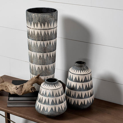 10" Gray And Ivory Geometric Cylinder Ceramic Table Vase