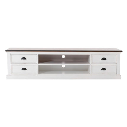 71" Distressed White and Brown Wood Entertainment Unit with Four Drawers HomeRoots