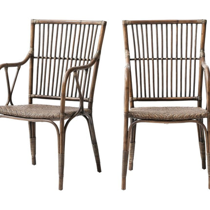 Set of Two Natural Rattan Slat Back Dining Arm Chairs HomeRoots