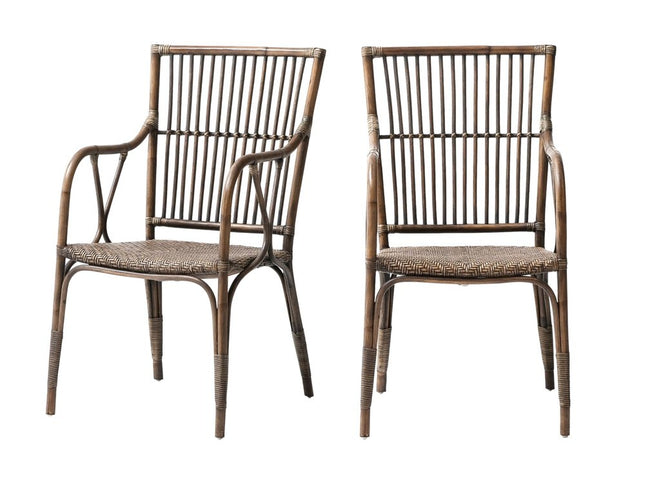 Set of Two Natural Rattan Slat Back Dining Arm Chairs HomeRoots