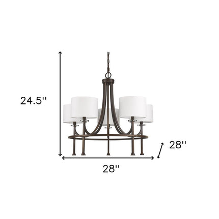 Brown Candle Style Five Light Metal and Crystals Dimmable Chandelier With White Shades HomeRoots