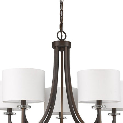 Brown Candle Style Five Light Metal and Crystals Dimmable Chandelier With White Shades HomeRoots
