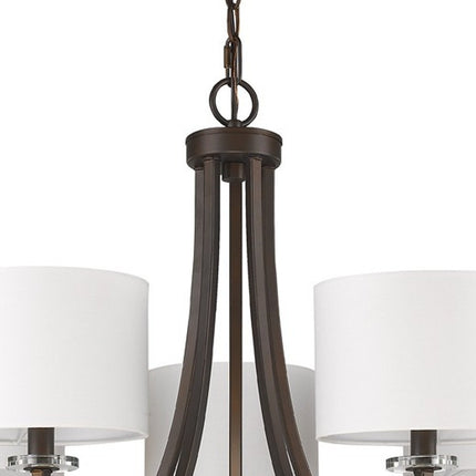 Brown Candle Style Five Light Metal and Crystals Dimmable Chandelier With White Shades HomeRoots