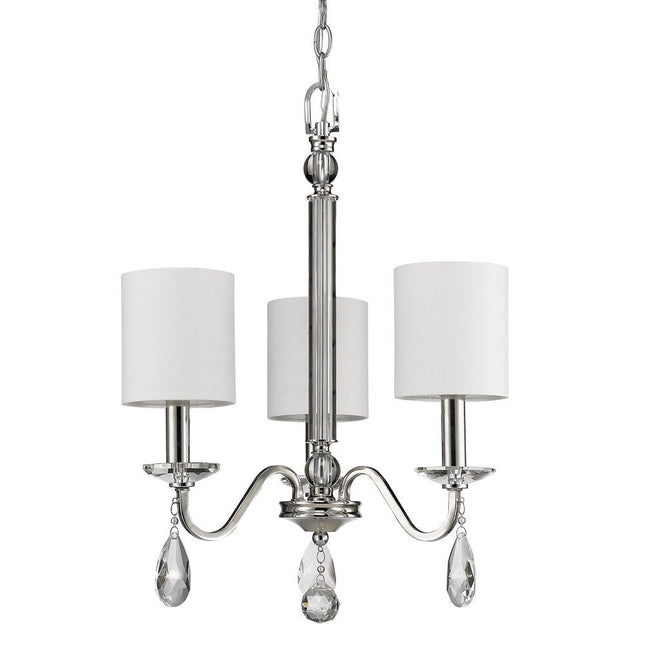 Silver Candle Style Three Light Metal and Crystals Dimmable Chandelier With White Shades HomeRoots