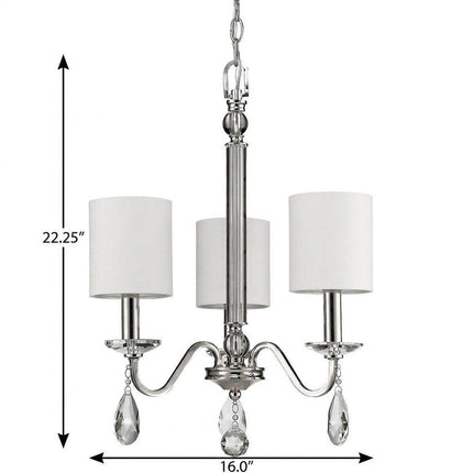Silver Candle Style Three Light Metal and Crystals Dimmable Chandelier With White Shades HomeRoots