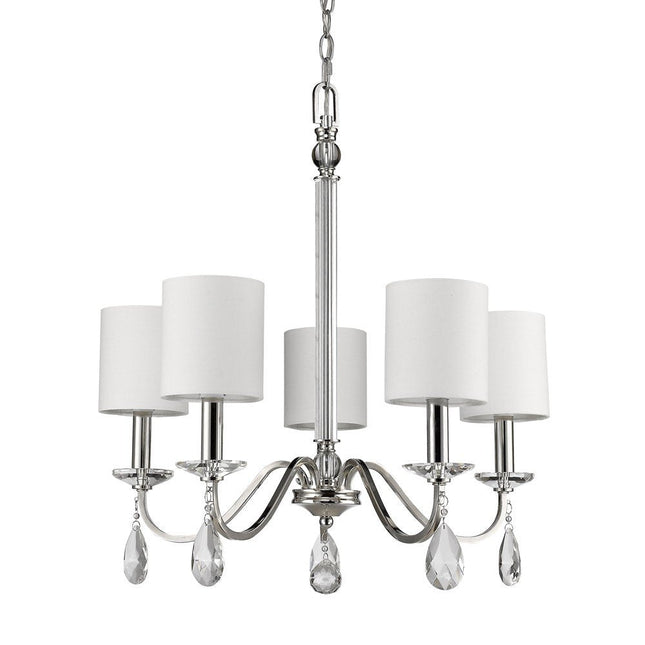 Silver Candle Style Five Light Metal and Crystals Dimmable Chandelier With White Shades HomeRoots