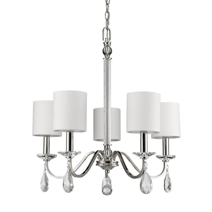 Silver Candle Style Five Light Metal and Crystals Dimmable Chandelier With White Shades HomeRoots