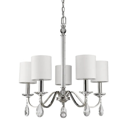 Silver Candle Style Five Light Metal and Crystals Dimmable Chandelier With White Shades HomeRoots