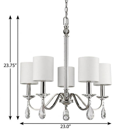 Silver Candle Style Five Light Metal and Crystals Dimmable Chandelier With White Shades HomeRoots