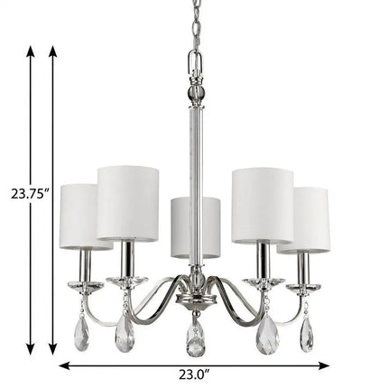 Silver Candle Style Five Light Metal and Crystals Dimmable Chandelier With White Shades HomeRoots