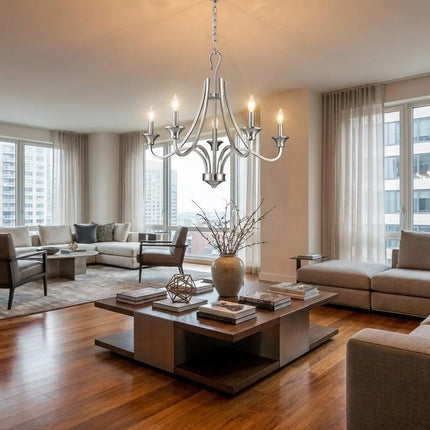 Silver Candle Style Five Light Metal Dimmable Chandelier HomeRoots