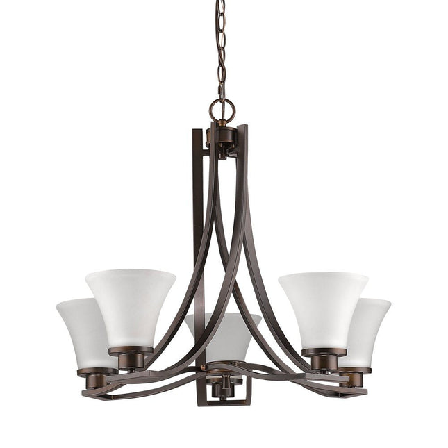 Bronze Candle Style Five Light Frosted Metal Dimmable Chandelier With White Shades HomeRoots