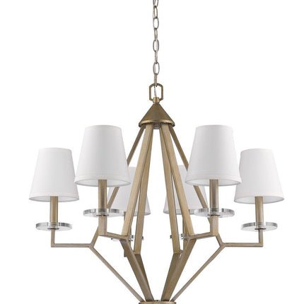 Gold Candle Style Six Light Metal and Crystals Dimmable Chandelier With White Shades