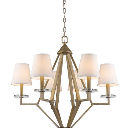Gold Candle Style Six Light Metal and Crystals Dimmable Chandelier With White Shades HomeRoots